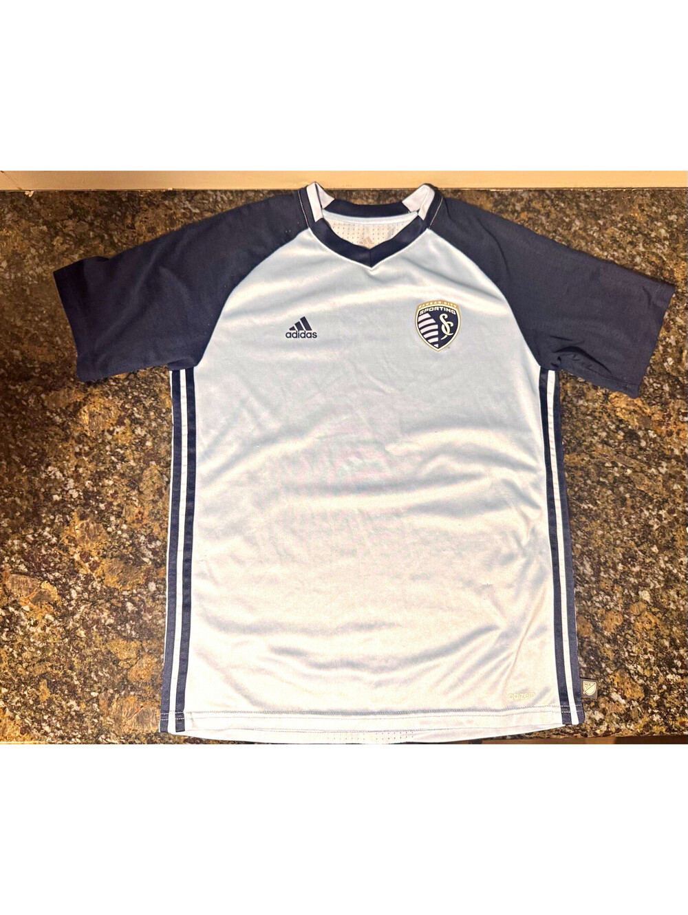 Adidas Sporting Kansas City MLS Jersey Light Blue Navy Soccer Kit Youth Size L